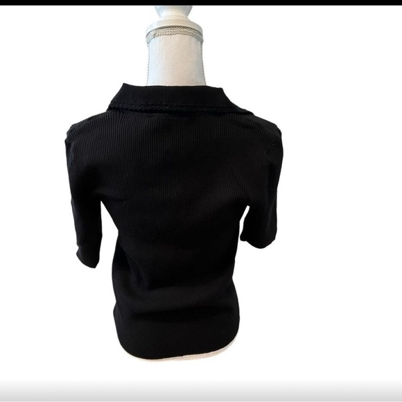 Elie Tahari Ribbed Collared Short Sleeve Cardigan Sweater Black S - Picture 6 of 7